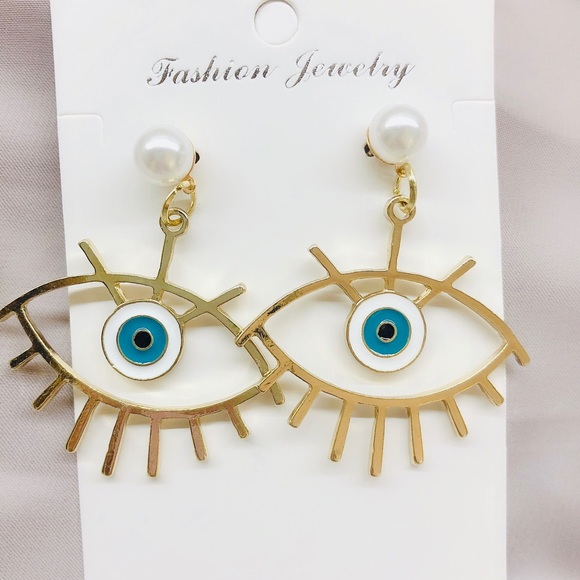 Big Blue Evil Eye Coin Drop Earrings - Picture 1 of 11